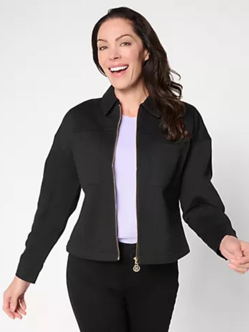 Belle by Kim Gravel Stretch Twill Signature Zip Jean Jacket, Blk Sz XL a714040
